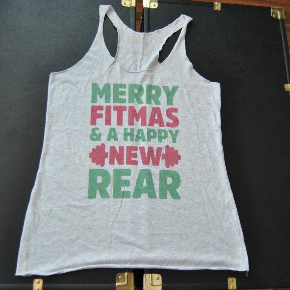 Merry Fitmas and a Happy New Rear Gray/Off White Tank Top Large